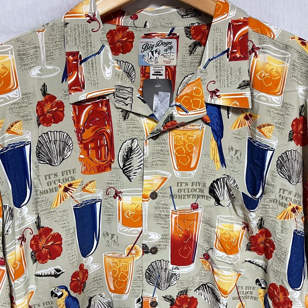 Big Dogs Hawaiian Mens Shirt Hibiscus Flowers Tiki Cocktails Seashells 4XL NEW